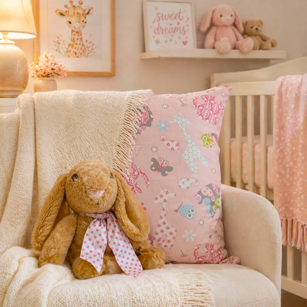 Child's pink animal themed cushion cover:  Nursery Decor -Kid's Bedroom