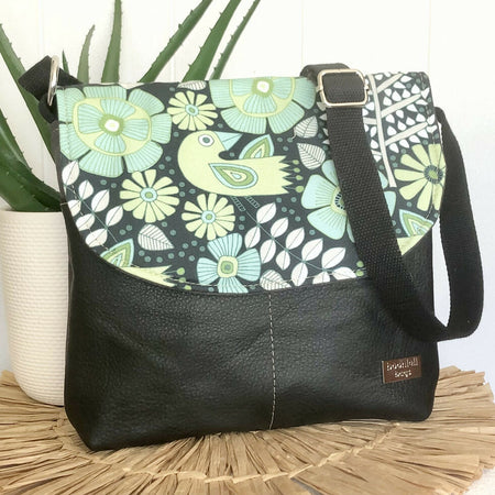 Grey Canvas and Genuine Leather Crossbody Bag with Green Bird