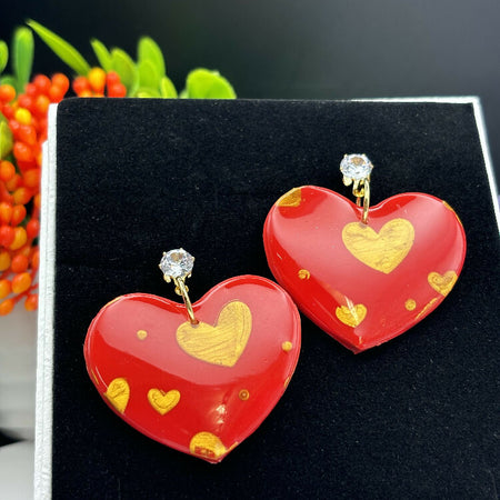 Valentines Day Red & Gold Polymer Clay Love Heart Earrings