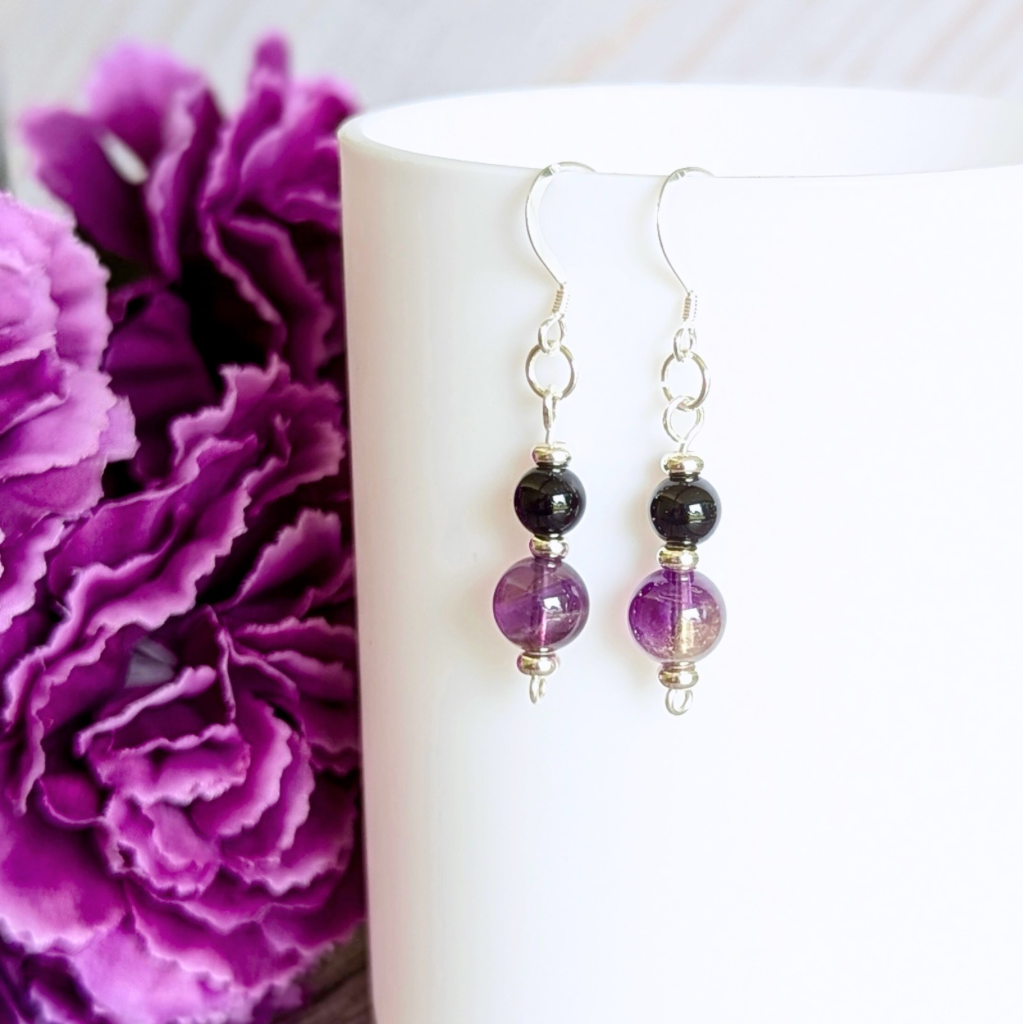 Amethyst & Black onyx sterling silver earrings - handmade gemstone earrings