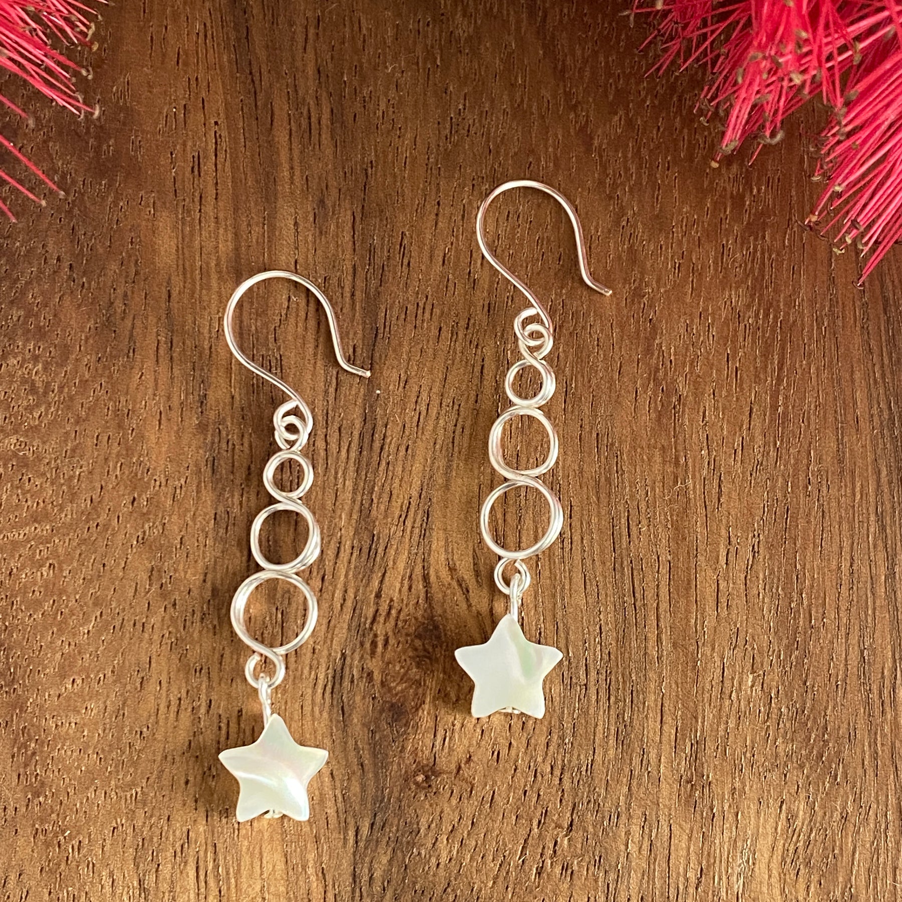 Silver Loop Christmas Star Earrings | Mother of Pearl | Festive Jewellery
