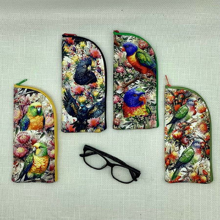 Australian birds curved top zip pouch for glasses, phones, handbag organiser, etc.