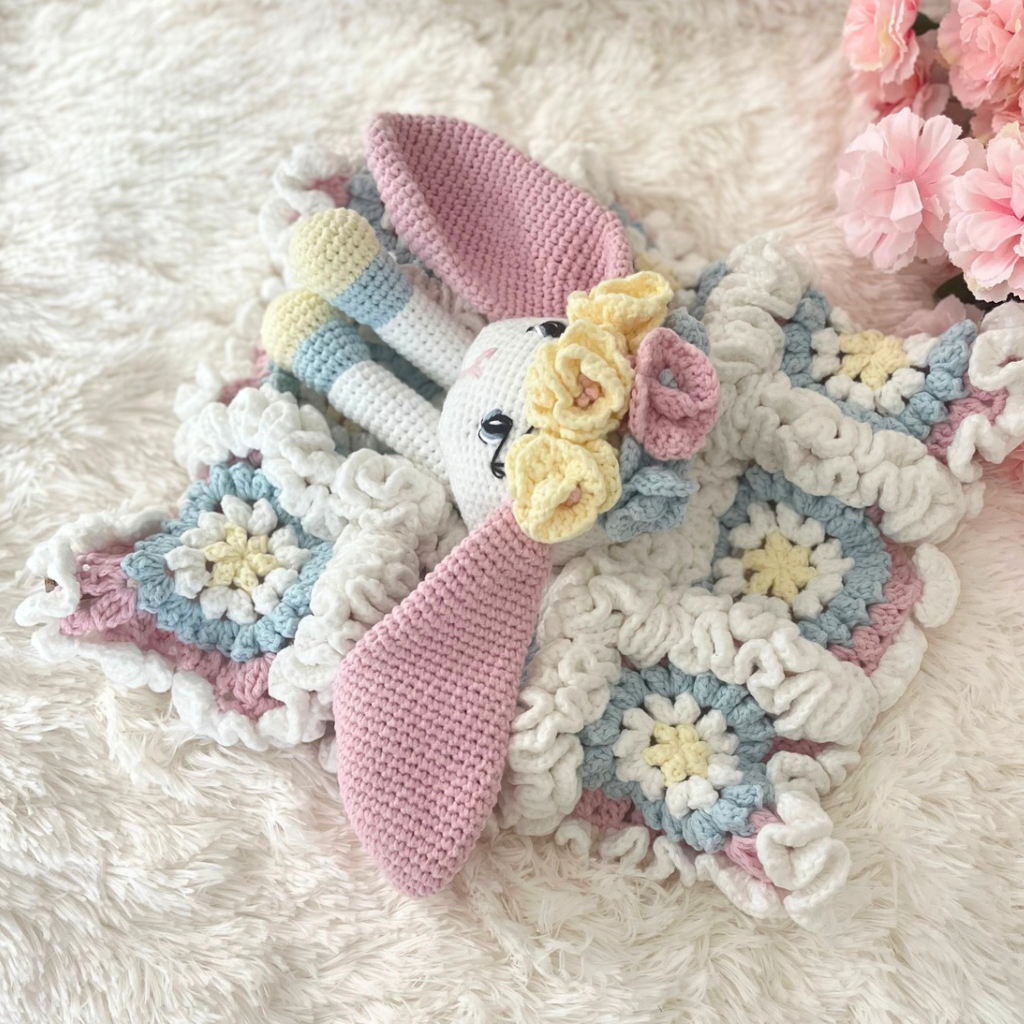 Crochet Bunny Snuggler, Handmade Bunny Lovey Blanket
