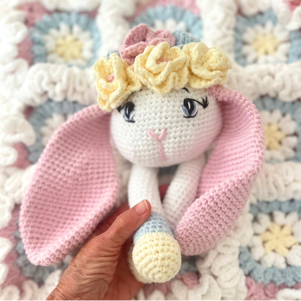 Crochet Bunny Snuggler, Handmade Bunny Lovey Blanket