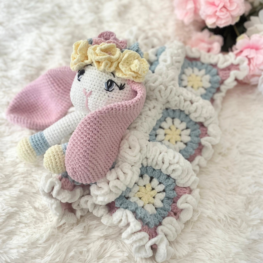 Crochet Bunny Snuggler, Handmade Bunny Lovey Blanket