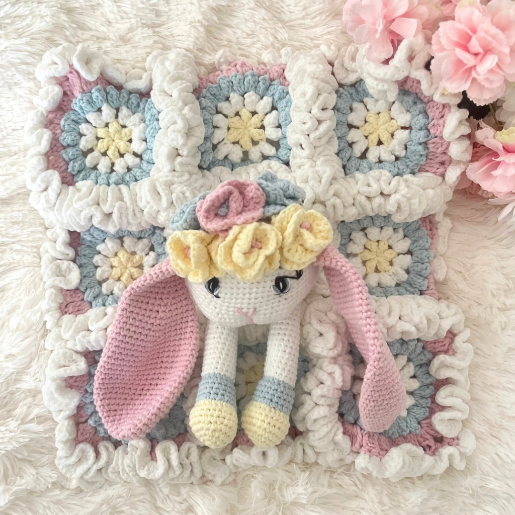 Crochet Bunny Snuggler, Handmade Bunny Lovey Blanket