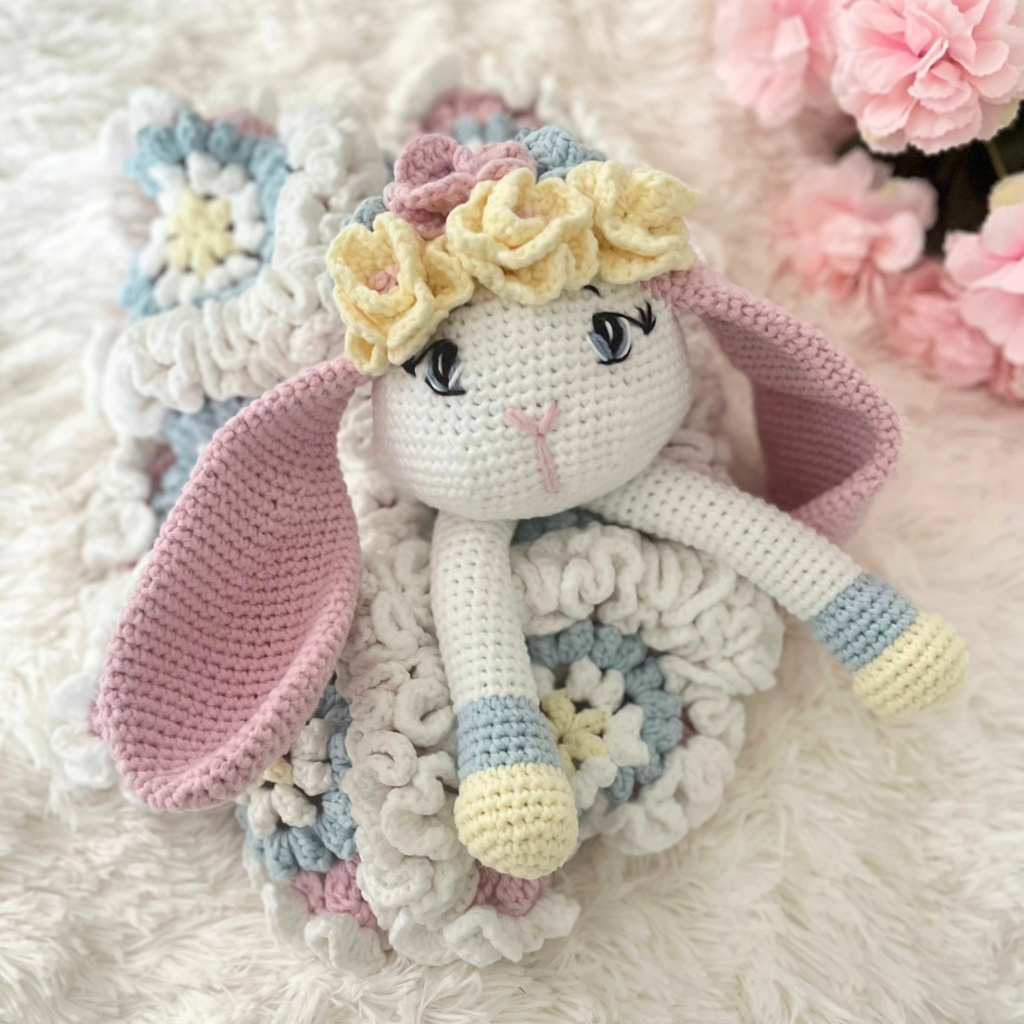 Crochet Bunny Snuggler, Handmade Bunny Lovey Blanket