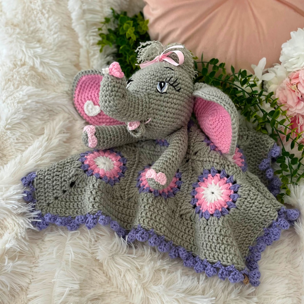 Crochet Elephant Lovey Blanket Miss Ellie, Crochet Elephant Snuggler