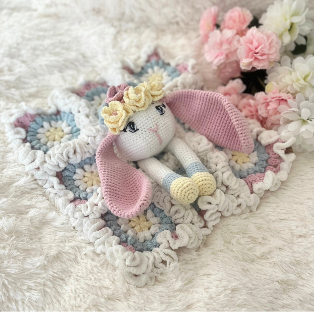 Crochet Bunny Snuggler, Handmade Bunny Lovey Blanket