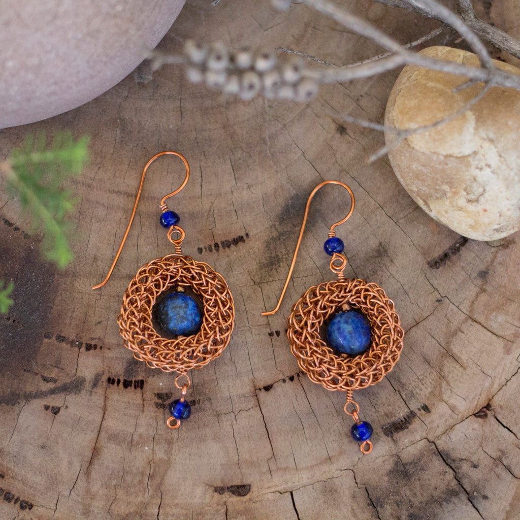 Antique Copper Viking Wire Knit Earrings with Lapis Lazuli Stones