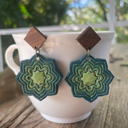 Earrings Ceramic green blue gradient pattern wood stud dangles