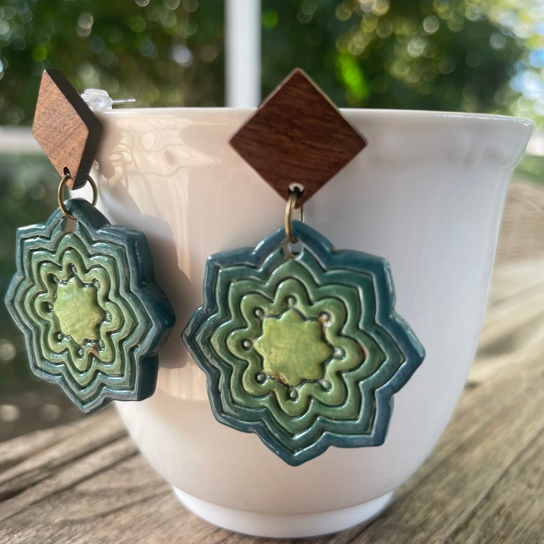 Earrings Ceramic green blue gradient pattern wood stud dangles
