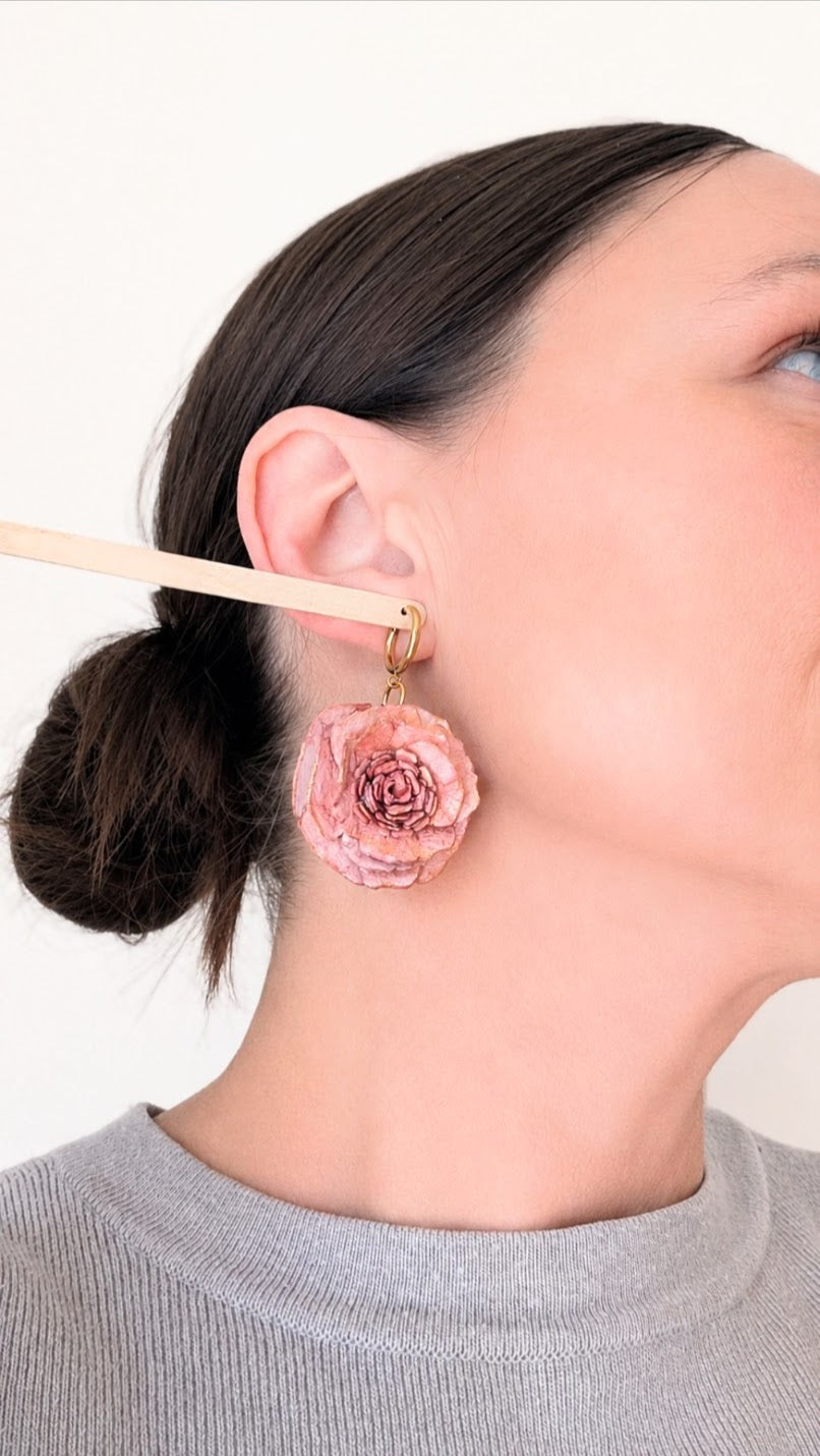 Rose Statement Earrings | Handmade Paper Floral Earrings | Huggie Hoop Earrings