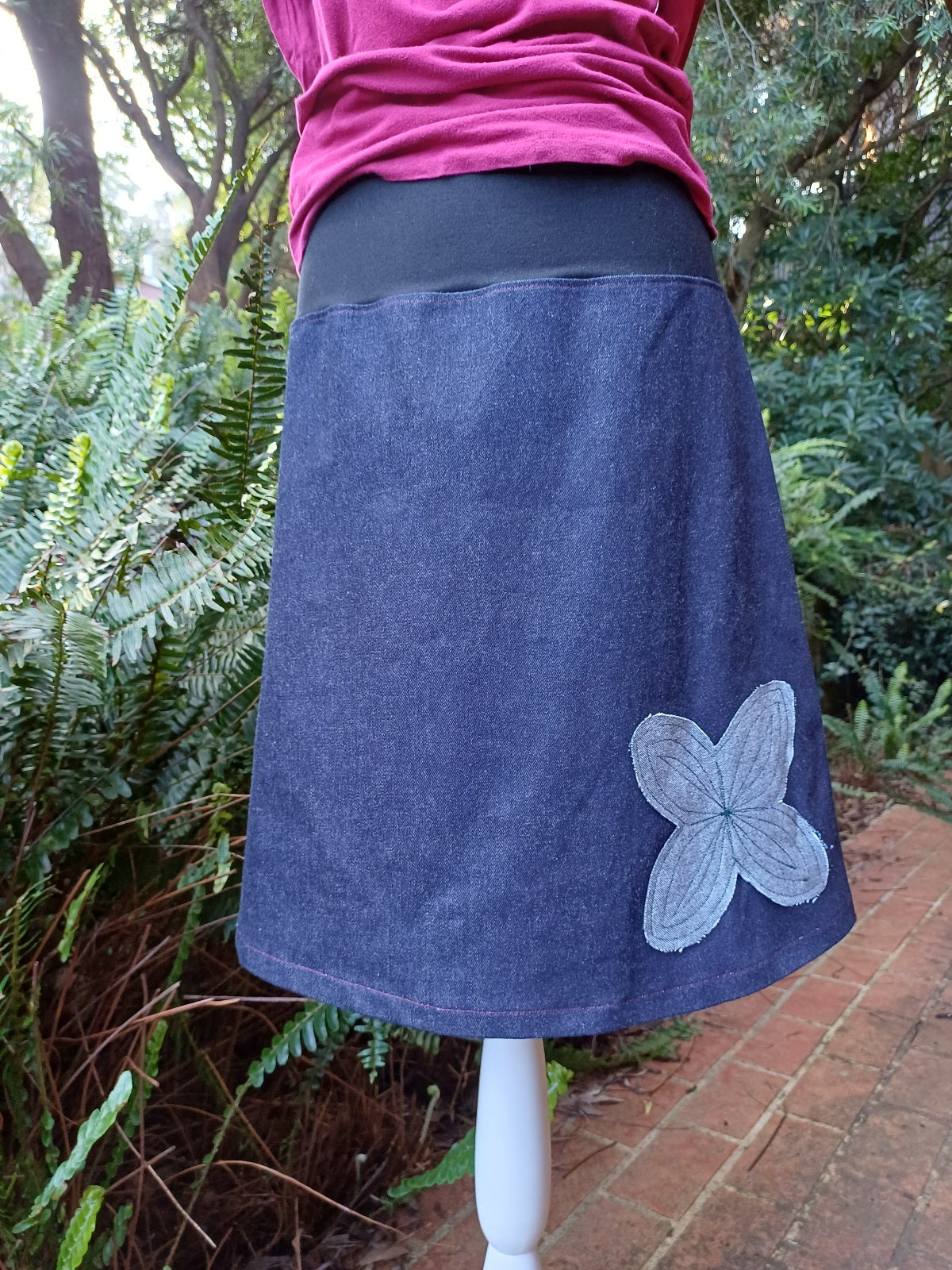 Denim Skirt with Applique Flower