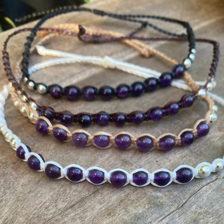 Amethyst Beaded Anklet: Macrame Adjustable Waterproof