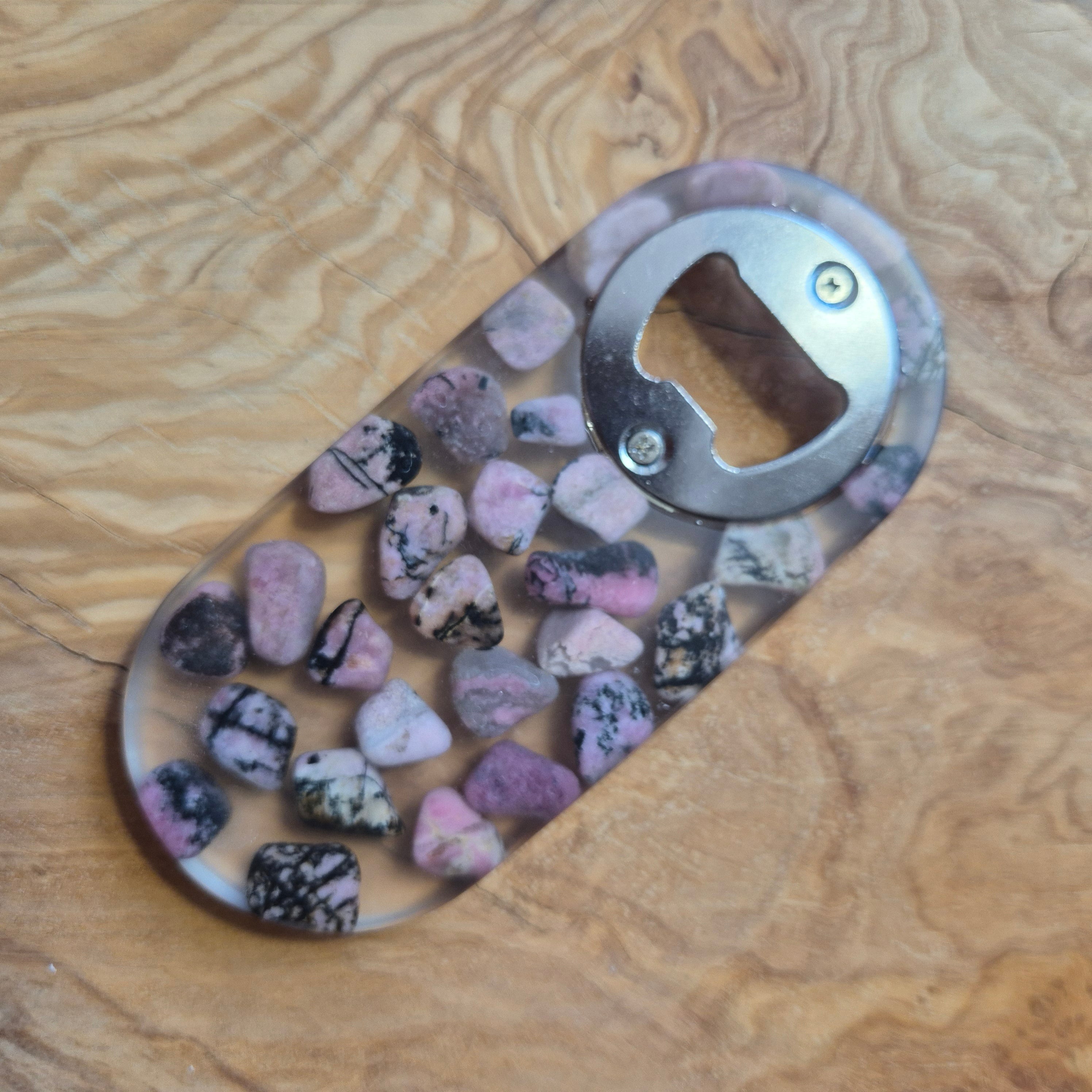 Resin bottle openers with inlaid semi-precious gemstones or sea glass