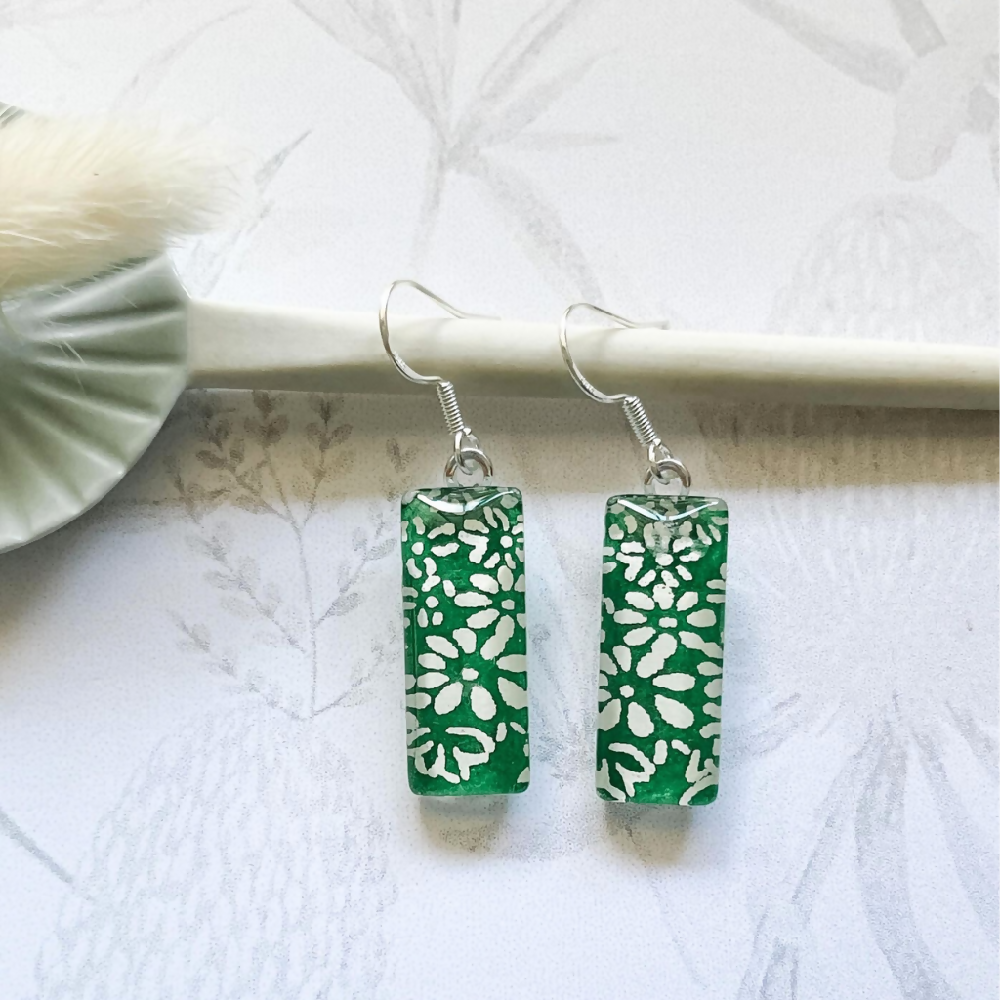 Bright Green Earrings with White Flowers made with Japanese Papers