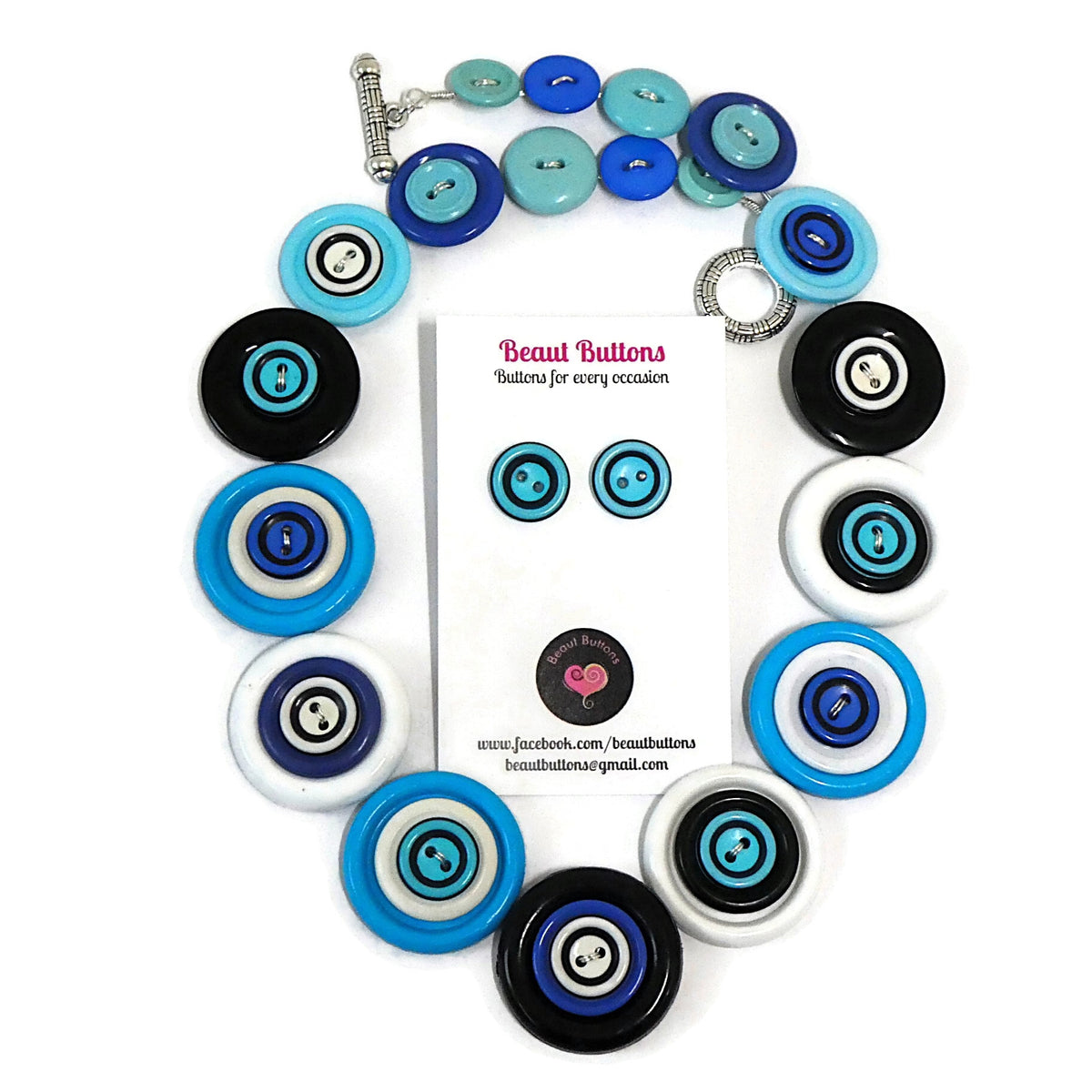 Button necklace and matching earrings - Aqua Crazy