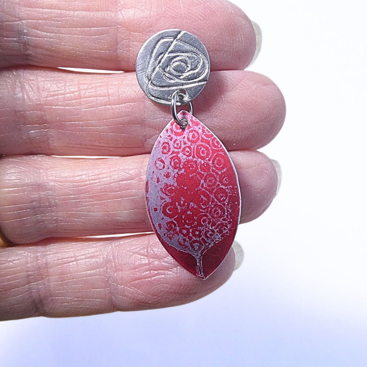 Hand printed anodised aluminium earrings - Scarlet Grace Collection