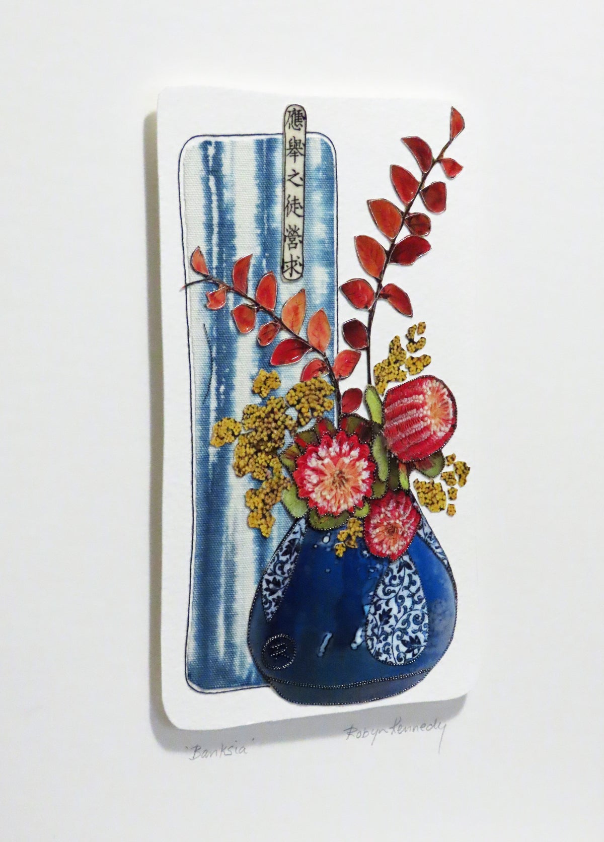 Unframed Collage Art - Red Banksia in Blue Vase