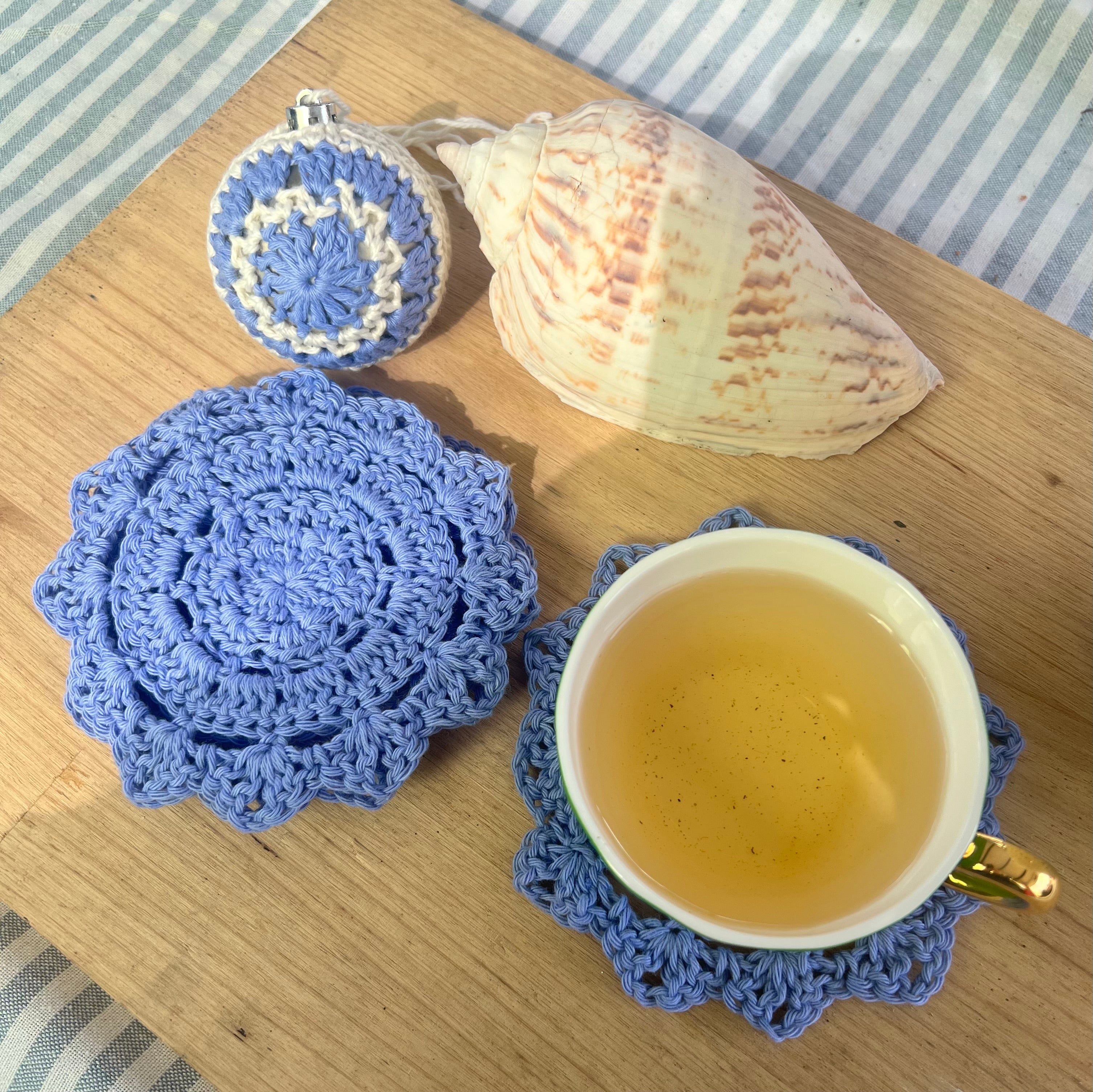 Crochet Coasters Set of 4, Cotton Mandala Coasters, Coastal Boho Home Decor