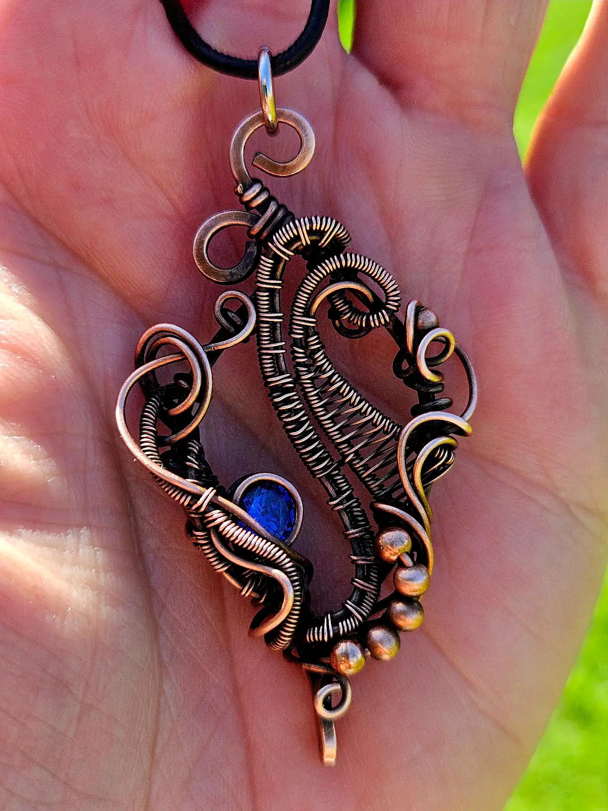 Copper Wire-Wrapped Sapphire CZ Pendant on Adjustable Leather Cord