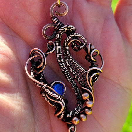 Copper Wire-Wrapped Sapphire CZ Pendant on Adjustable Leather Cord