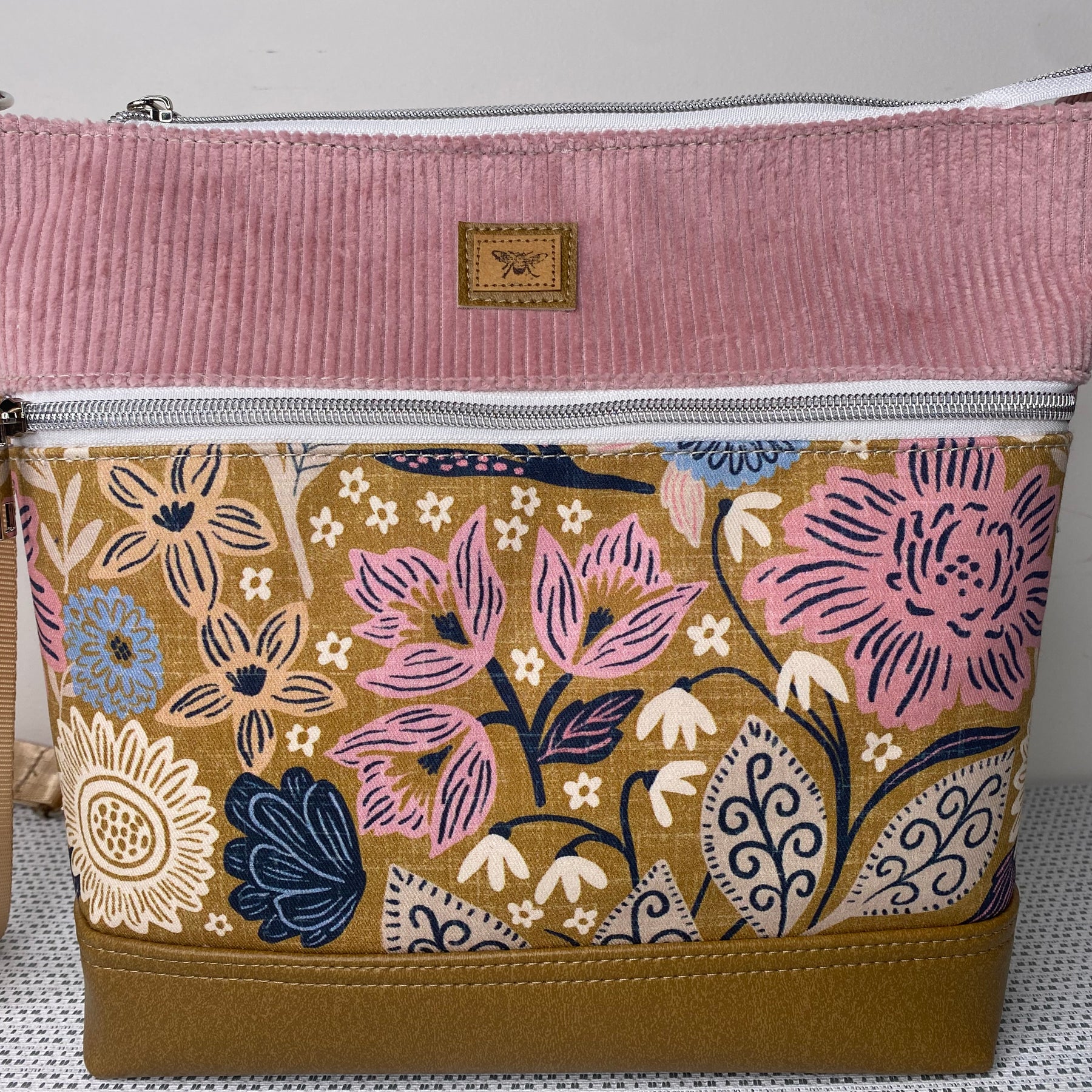Lola Crossbody Bag - Pink Floral on Mustard/Pink Corduroy Fabric and Tan Faux Leather
