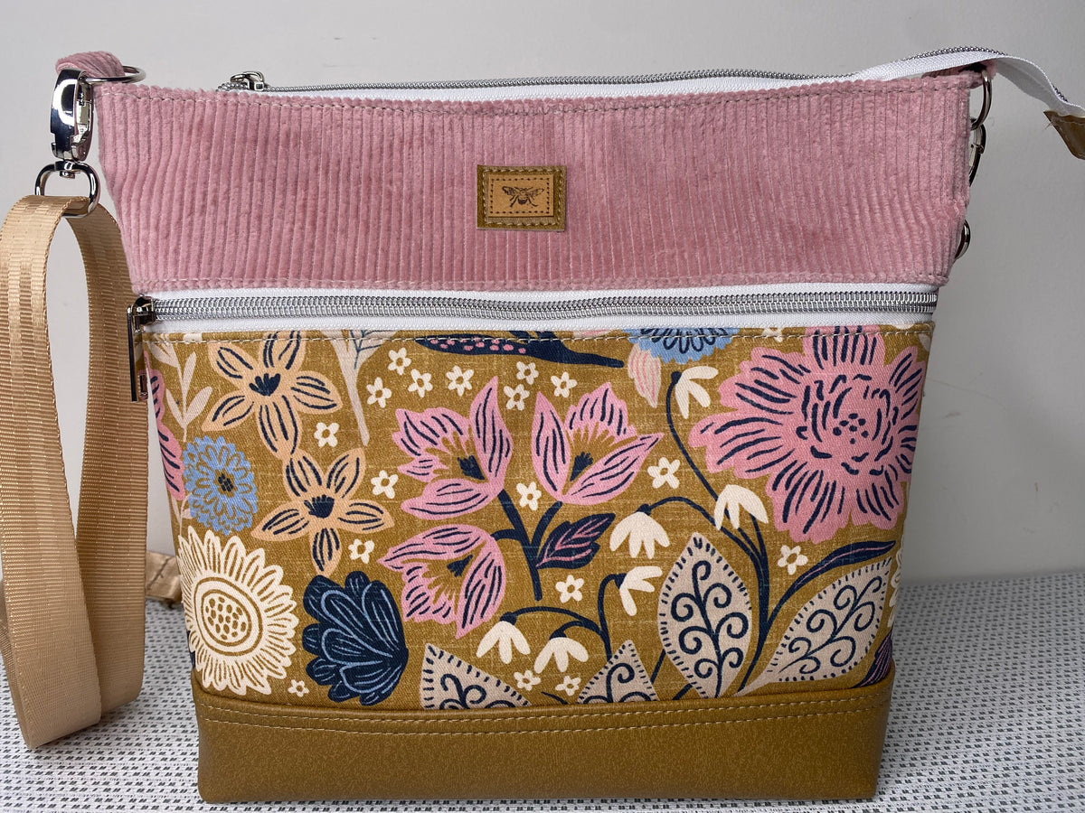 Lola Crossbody Bag - Pink Floral on Mustard/Pink Corduroy Fabric and Tan Faux Leather