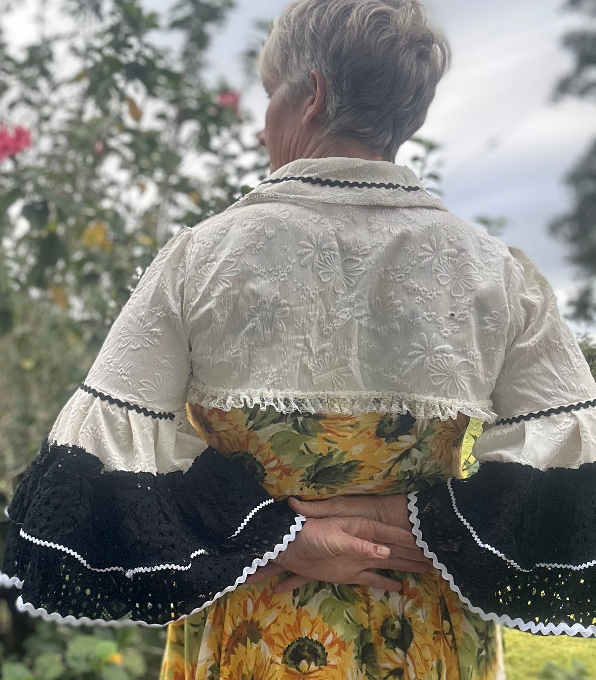 Upcycled Cream Embossed Bolero Black Lace Sleeves