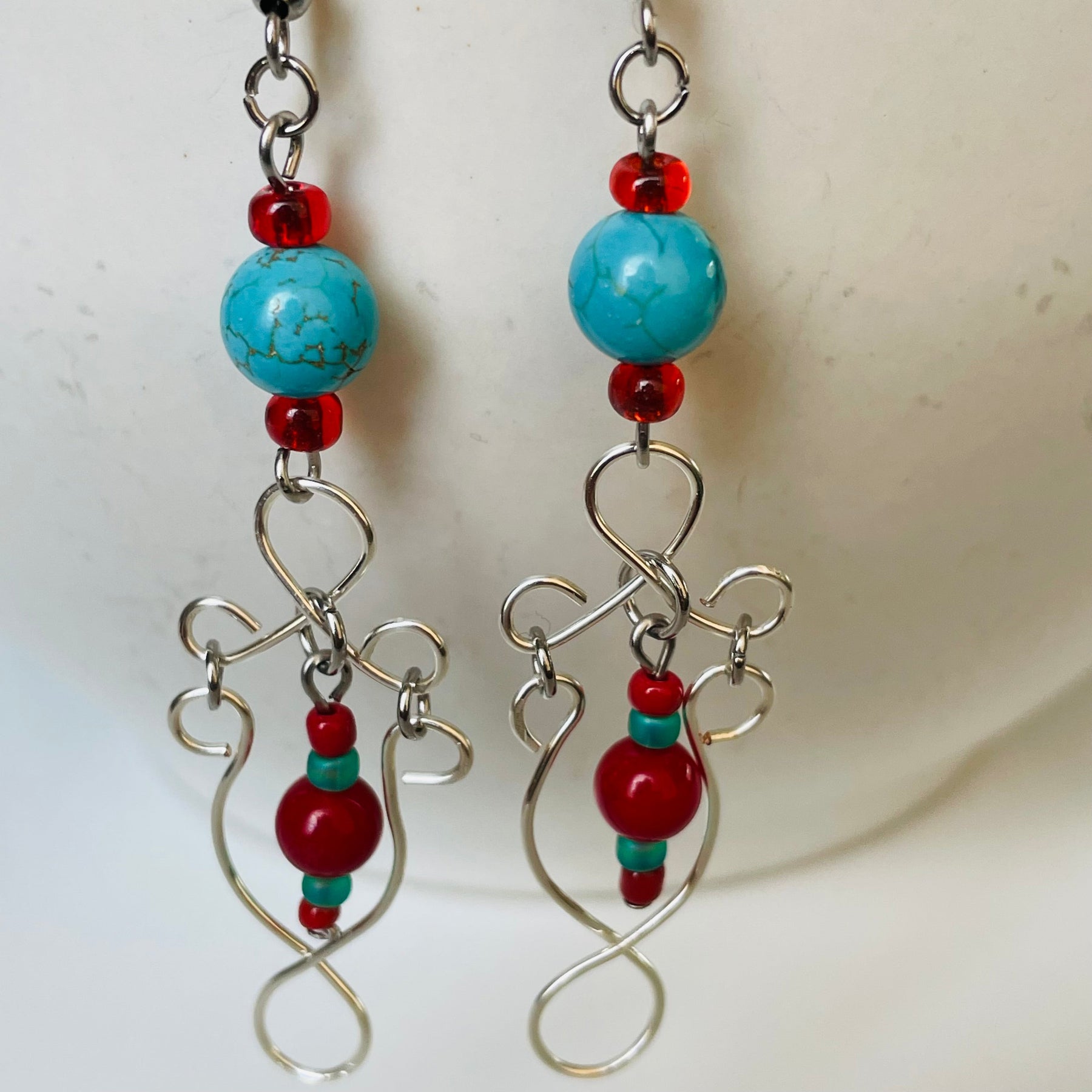 Vibrant Red and Blue Gemstone Dangling Wired Earrings