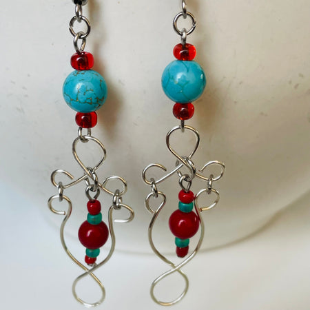 Vibrant Red and Blue Gemstone Dangling Wired Earrings