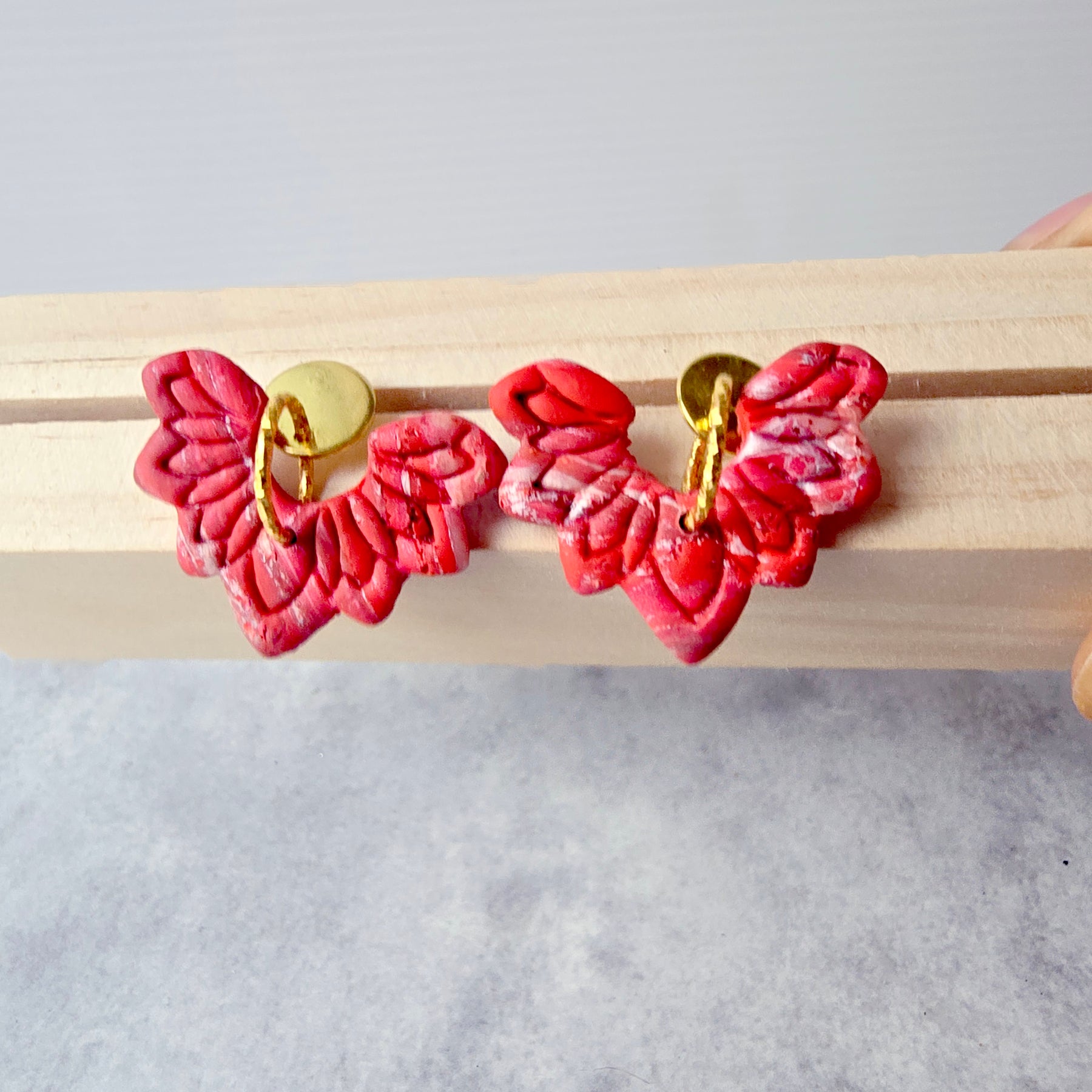Red Marbled Floral 9k Gold Plated Earrings