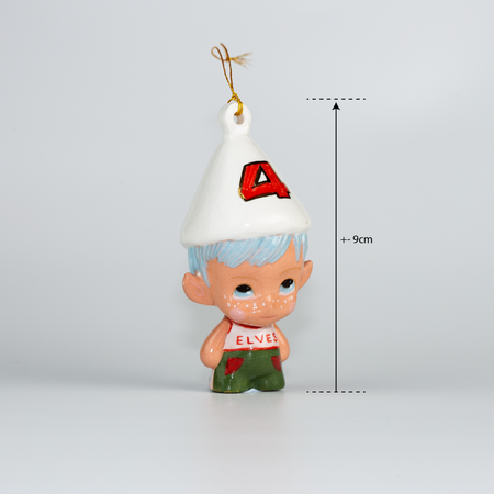 Handmade Porcelain Christmas ornament. One-of-a-kind. Kade the footy Elf.