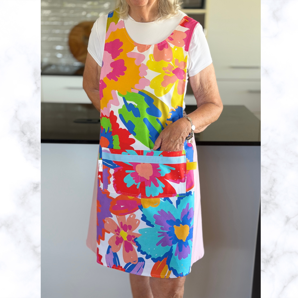 Floral Japanese style cross back kitchen apron. Crafting, gardening, no ties apron.