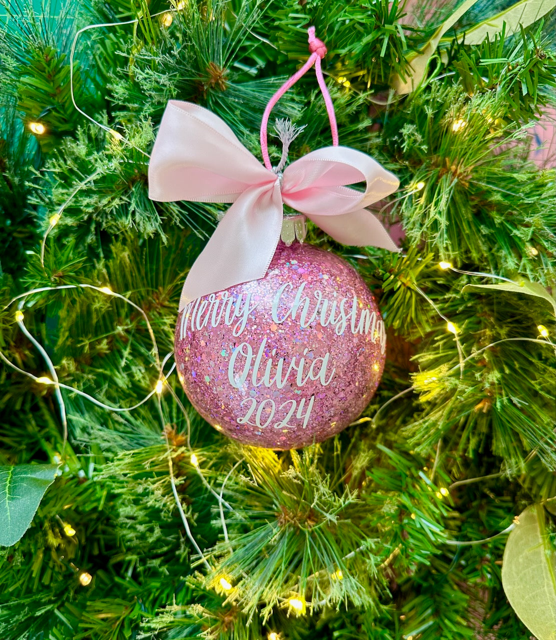 Personalised Christmas Baubles, Glitter Ornament With Names And Message