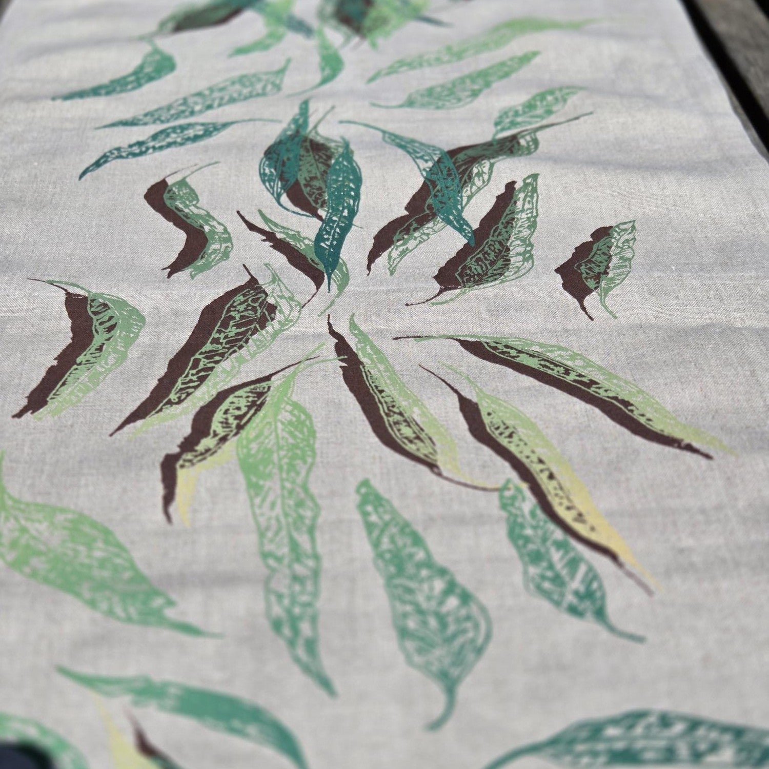 Hand Screen Printed Linen Table Runners-Eucalypt Fallen Leaves (choice of 2 colourways)