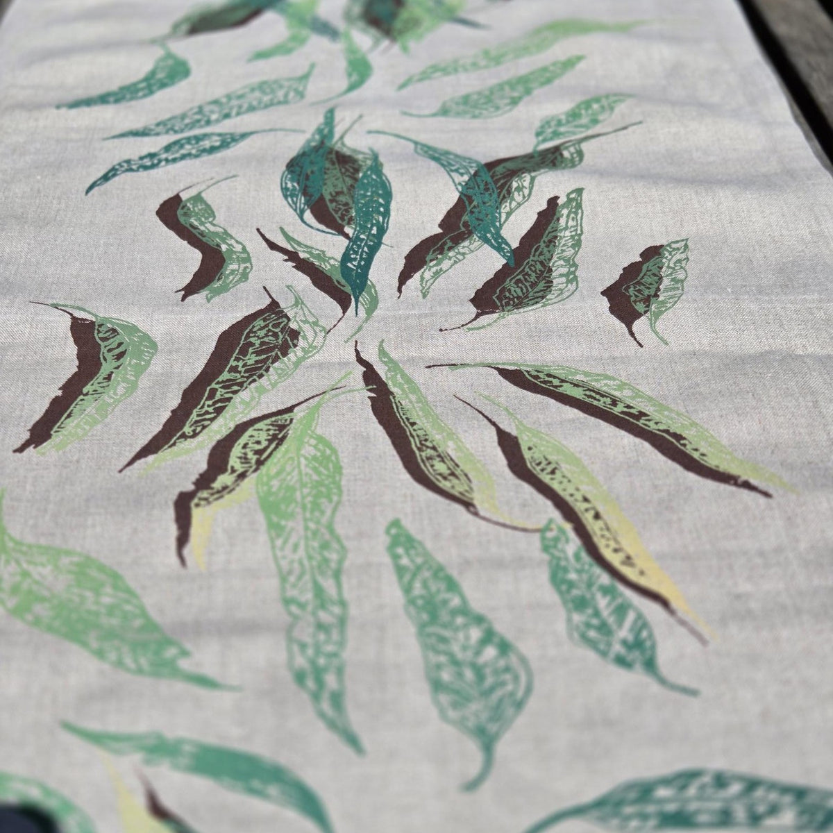 Hand Screen Printed Linen Table Runners-Eucalypt Fallen Leaves (choice of 2 colourways)