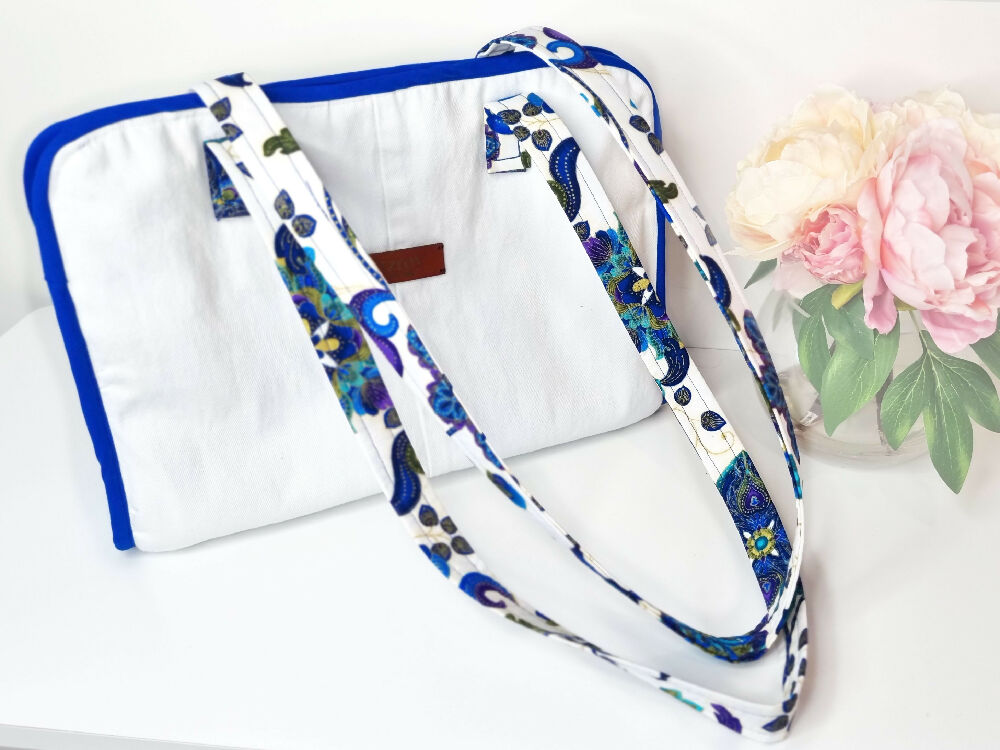 Denim Laptop Tote Handbag, Magnet Closures, Peacock Lining - FREE SHIPPING!