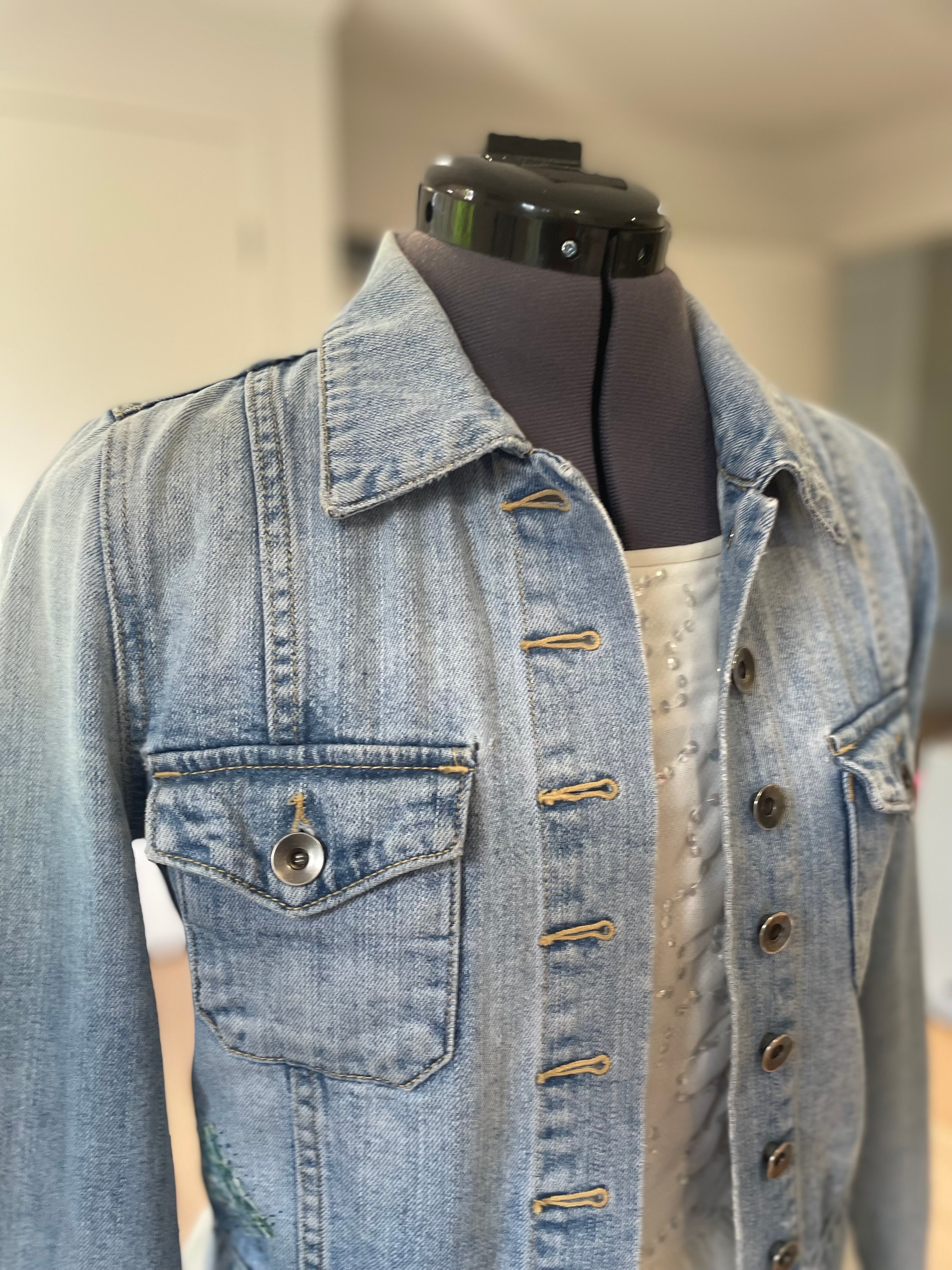 Sashiko Floral Denim Jacket Upcycled Wearable Art