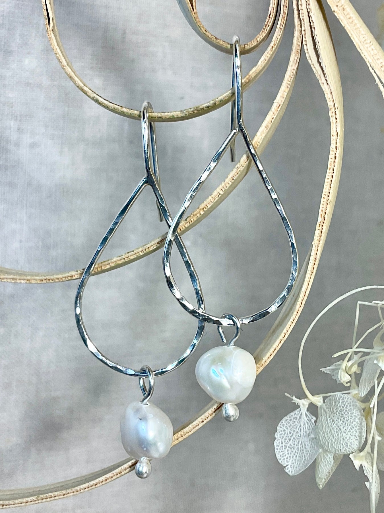 Pearl and argentium silver tear drop earrings.