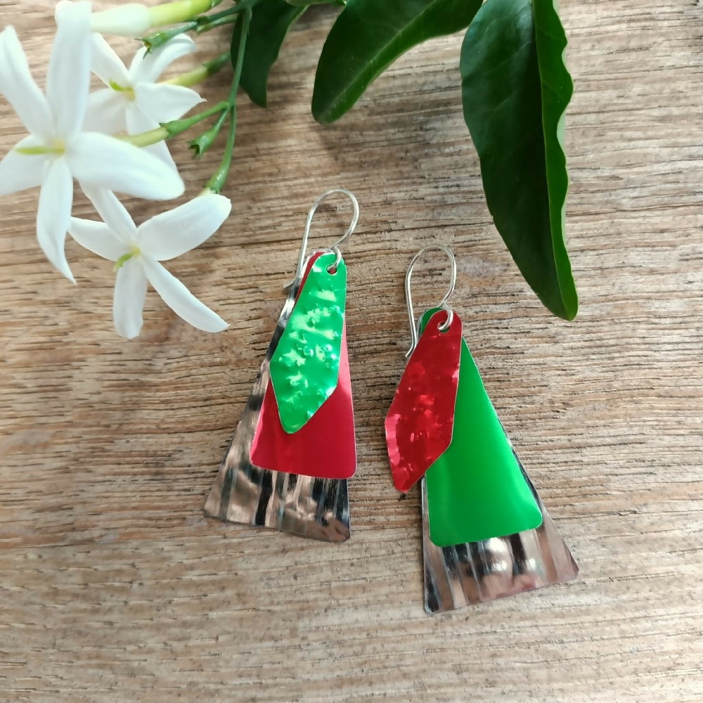 christmas tree earrings handmade upcycled green red..