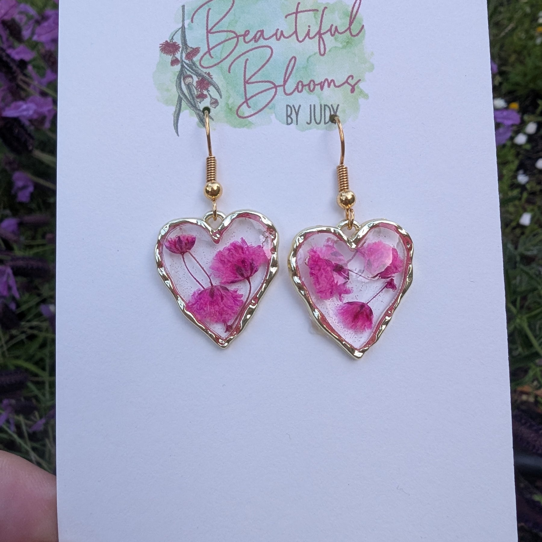 Dyed Gypsophila Resin Heart Drop Earrings