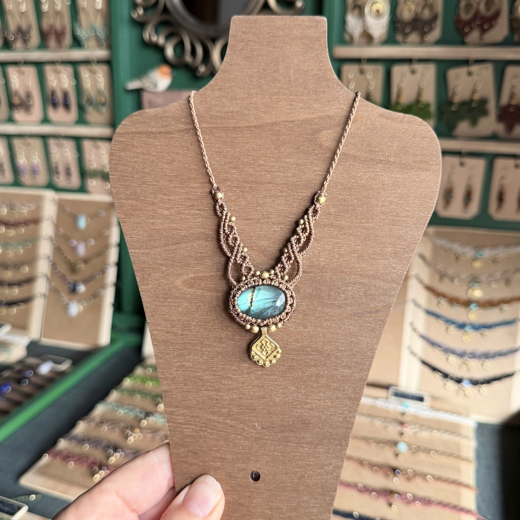 Macrame Oblong Labradorite Necklace with Brass Charm