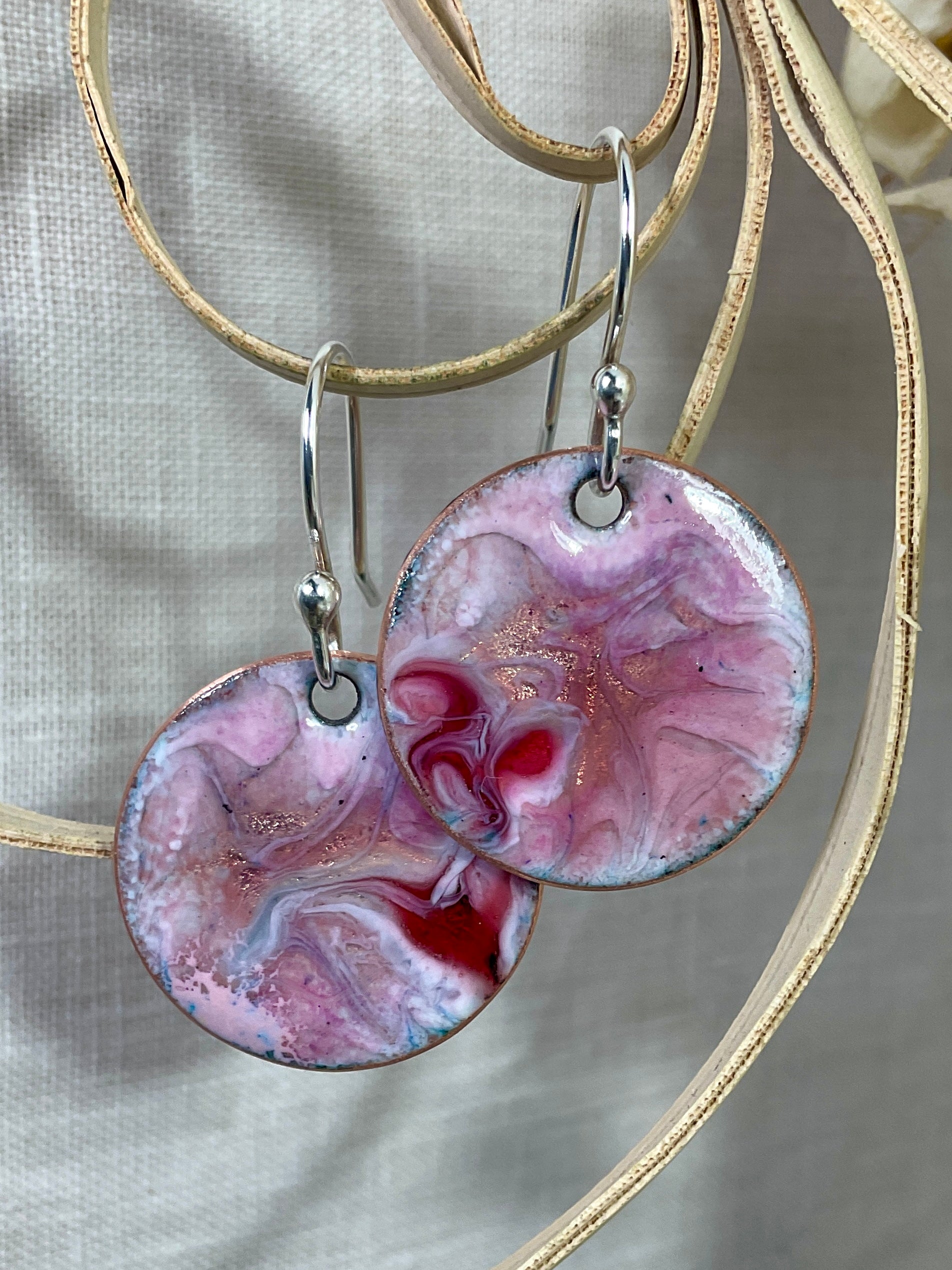 Pink swirl. Enamel earrings. Handmade