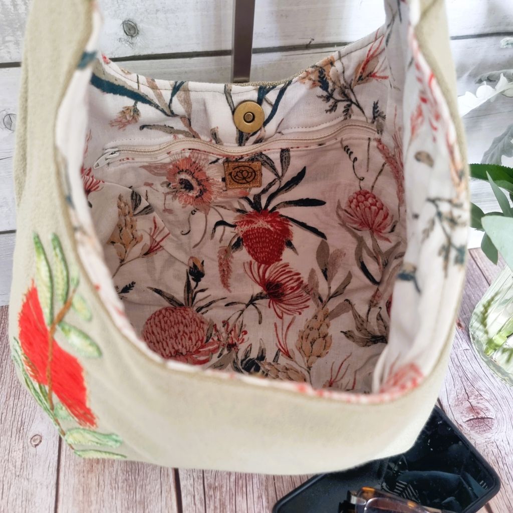 Sadie Jane upcycled hobo bag - appliqued bottle brush