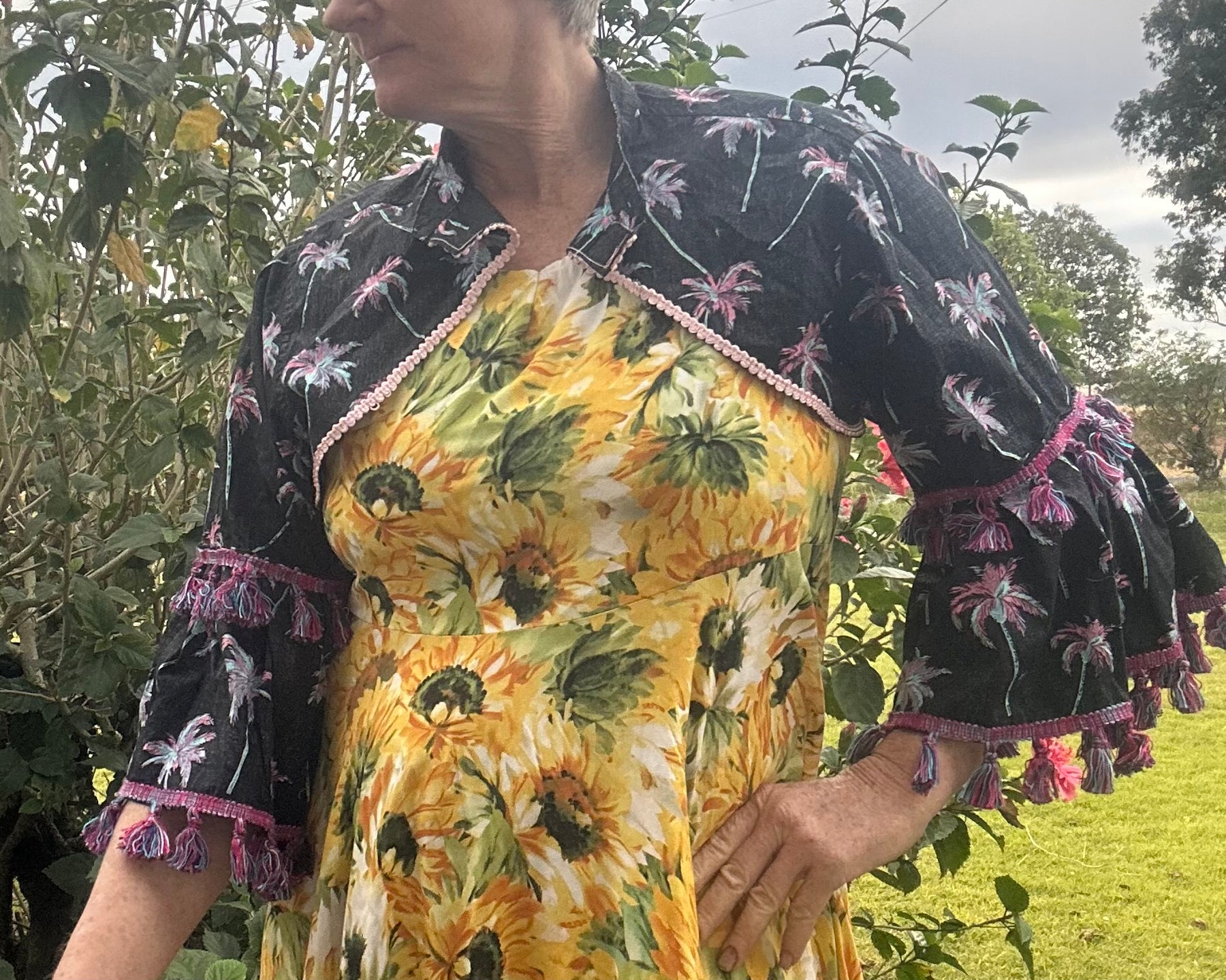 Upcycled Pink Palms on Black Bolero 3/4 Sleeves