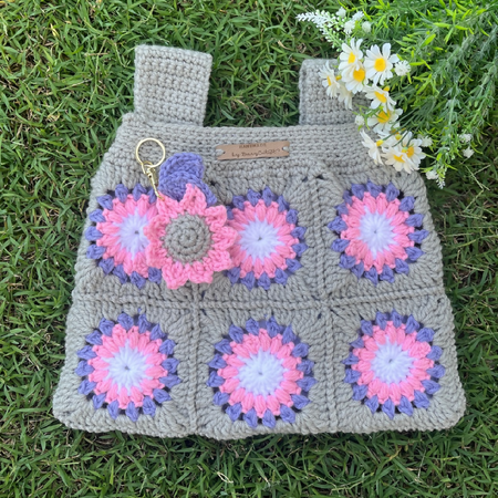 Handmade Crochet Sunflower Pram Organiser Grey and Sunflower Key Ring