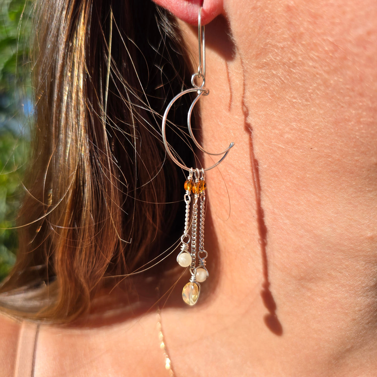 Crescent Moon Earrings in Sterling Silver with Citrine & Onyx