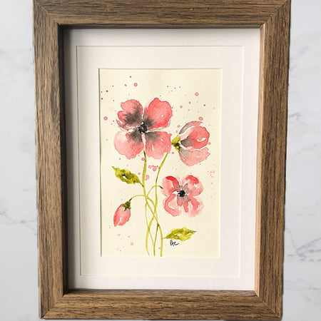 17x22.5cm Framed Original Watercolour Painting - Poppies - Dark Frame